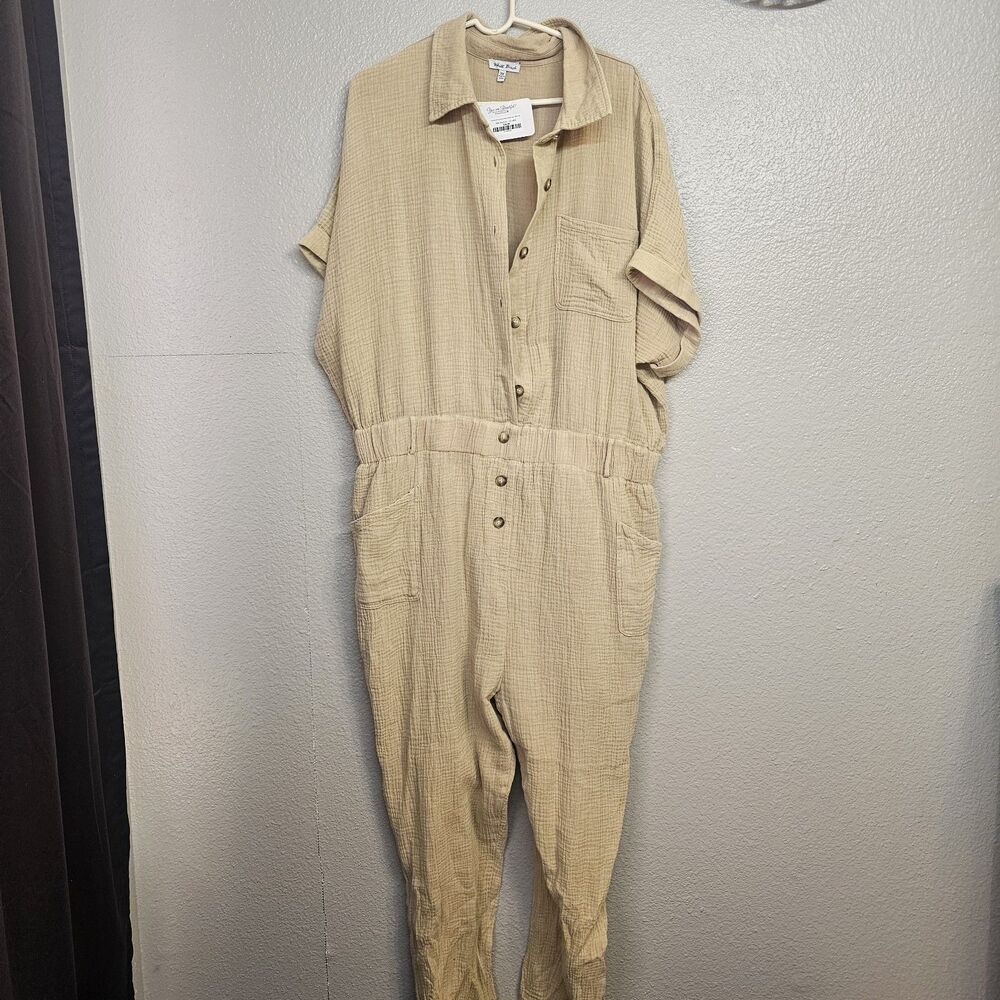 White Birch Mustard Yellow Gauze Cotton Jumpsuit Women 3X Button Front Boho X518